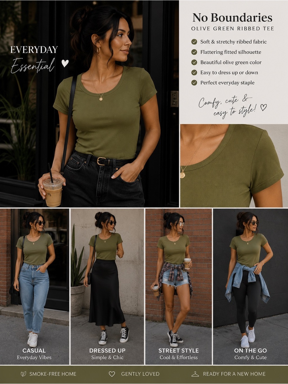 No Boundaries Olive Green Ribbed Short Sleeve Tee | Size M (7-9)
